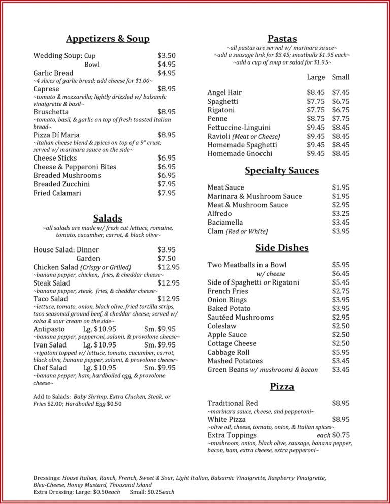 Menu Giovanni’s Restaurant Weirton, WV