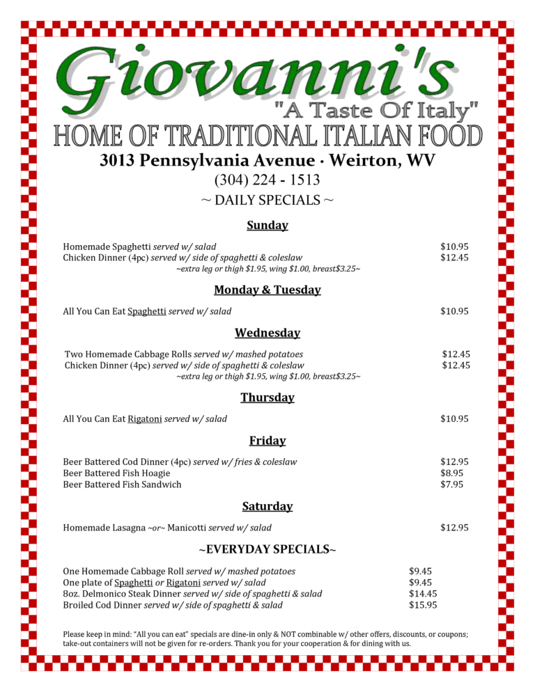 Menu Giovanni S Restaurant Weirton Wv